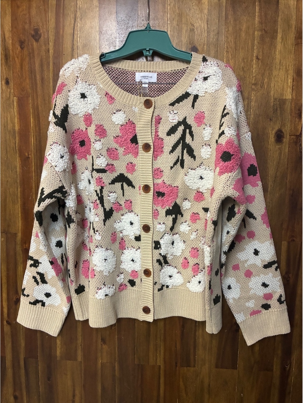 Anniewear Floral Cardigan Size L Pink Cream Textured Knit Cottagecore Sweater